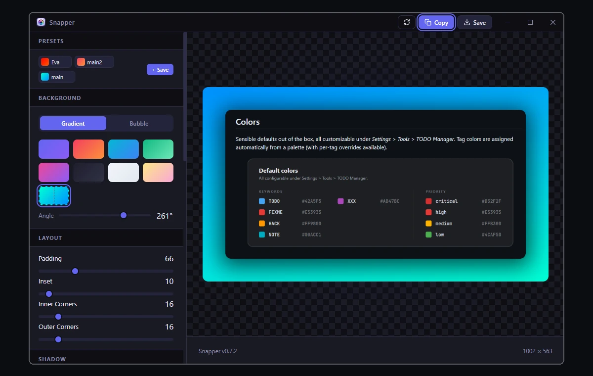 The Snapper editor shows presets, gradient controls, layout settings, and a screenshot on a blue and cyan background.